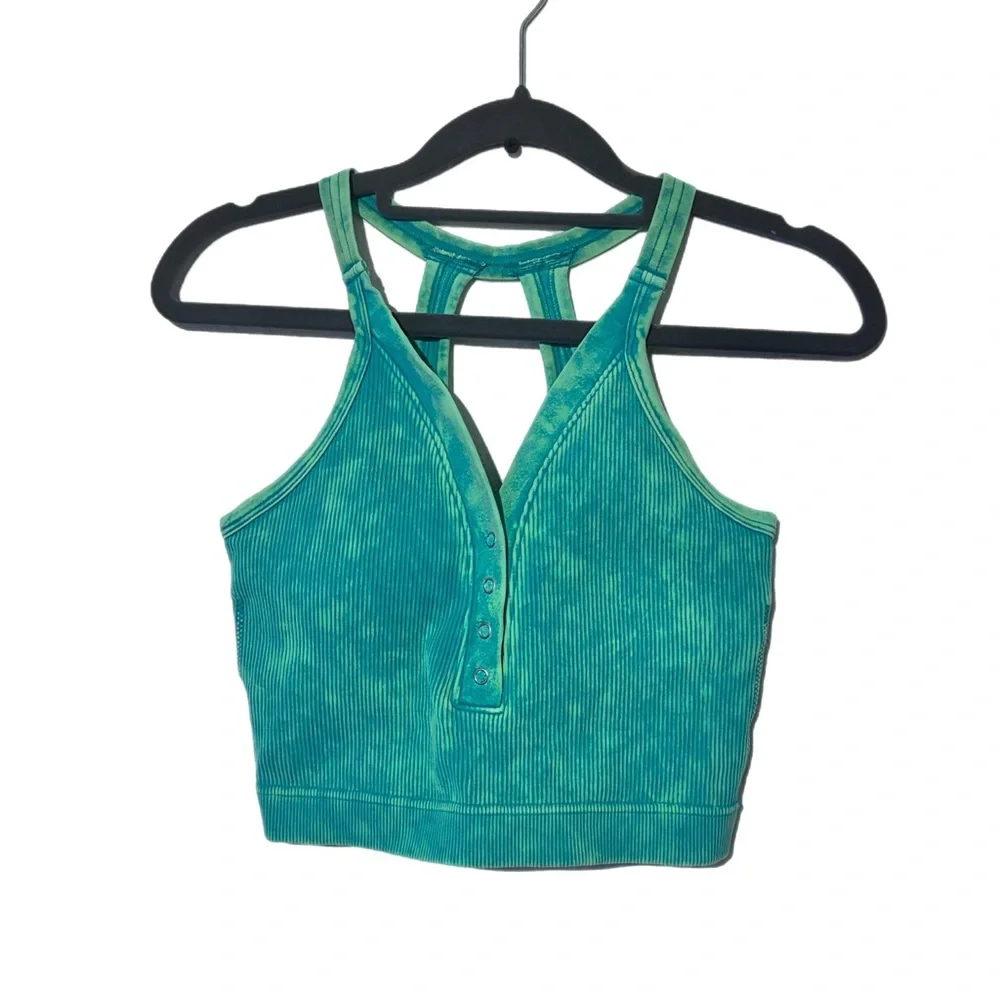 Green Ribbed Women's Tank Top bralette with pads - Picture 2 of 7